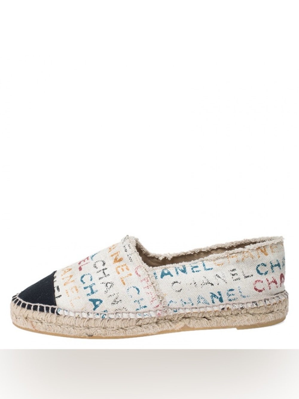 CHANEL Multicolor Logo Canvas Espadrilles with Black Toe Caps